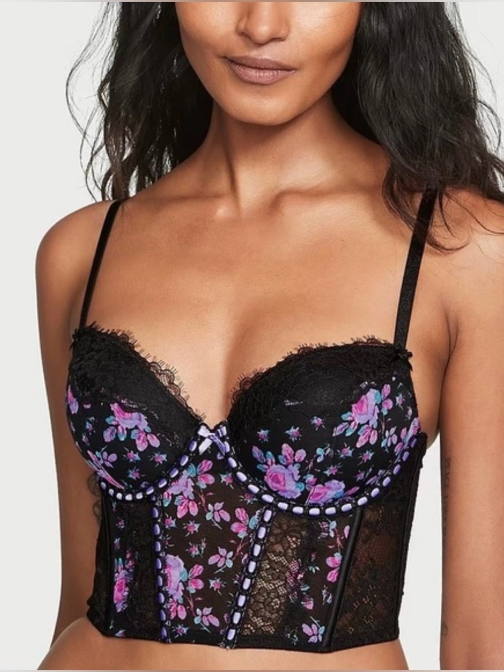 Victorias Secret Dream Angels Floral Lace  Corset - Black & Purple-Size XS-NWT